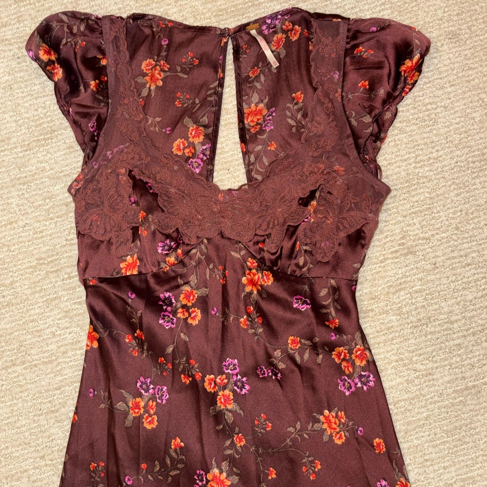 Free People Burgundy Floral Backless Satin Slip Dress - Picture 15 of 16